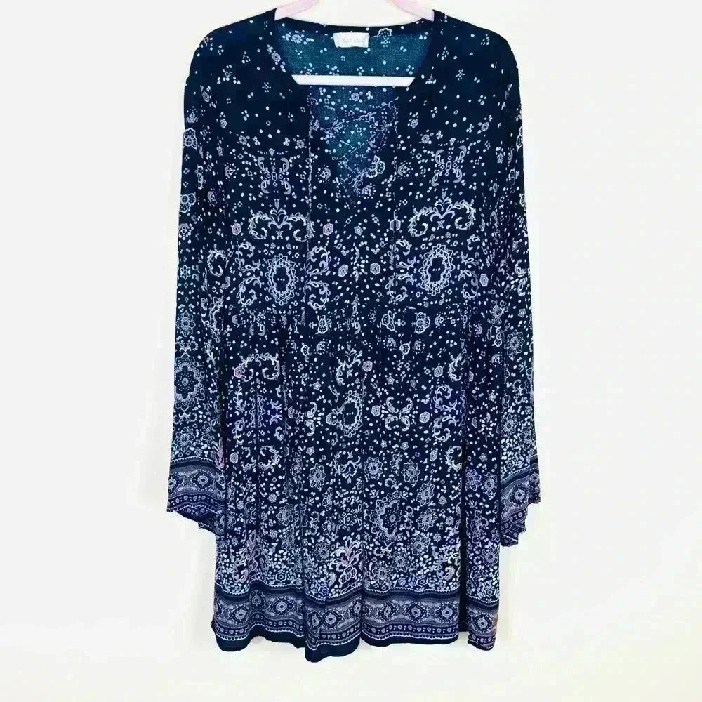 Altar’d State Navy/Pink Floral Long Sleeve Rayon Hippie 70’s Mini Dress Size L
